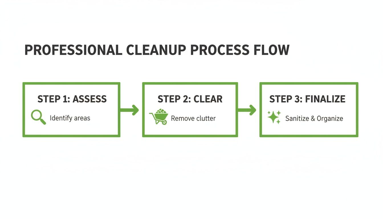 Professional cleanup process flow with three steps: assess, clear clutter, and finalize with sanitizing.
