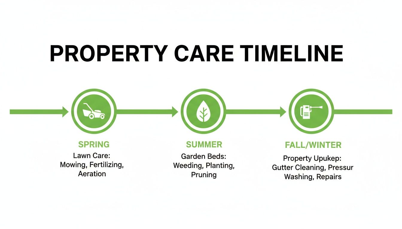 A property care timeline infographic showing seasonal tasks for spring, summer, and fall/winter.