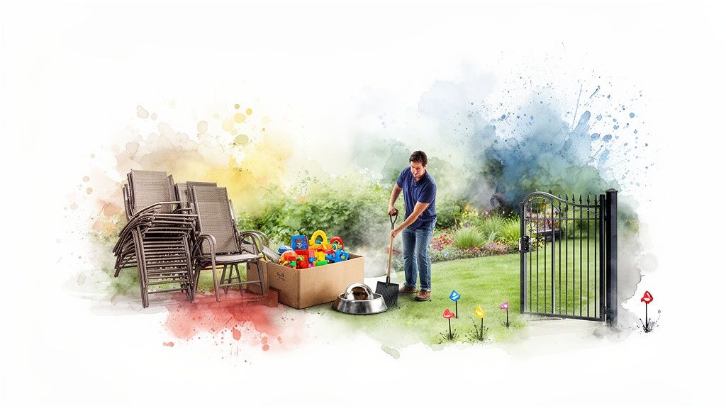 A man tidying his garden, surrounded by patio chairs, colorful toys, a dog bowl, and a garden gate.
