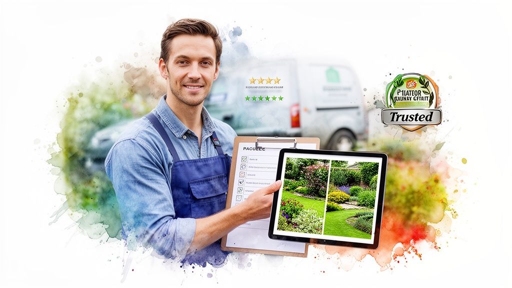A smiling gardener holds a checklist and tablet displaying beautiful garden designs, with a service van and 'Trusted' badge in the background.
