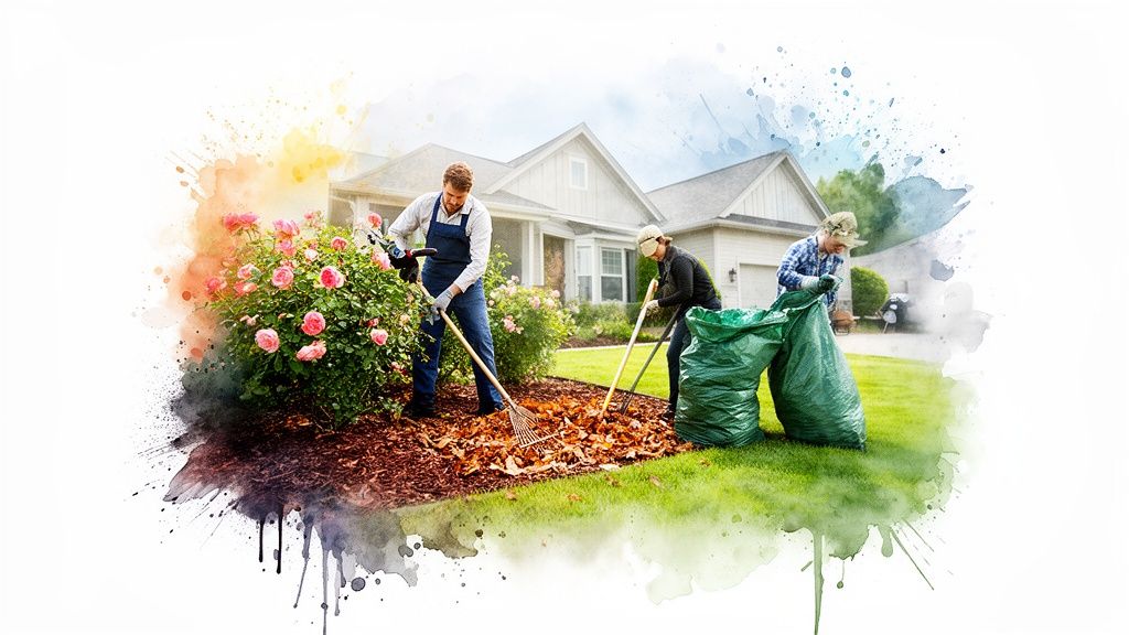 A team of gardeners raking autumn leaves and cleaning a residential garden.