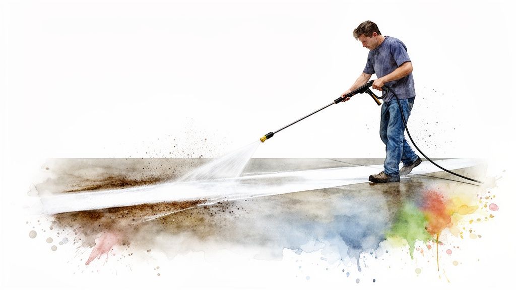 A man pressure washing a dirty concrete surface, creating a clean path and water splashes.