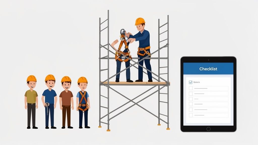 Illustration of construction workers, safety training with harnesses on scaffolding, and a digital safety checklist.