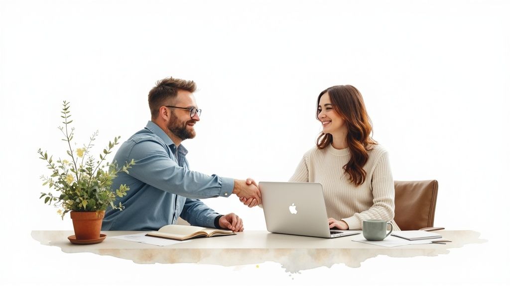 Two people collaborating on a digital project on a laptop.