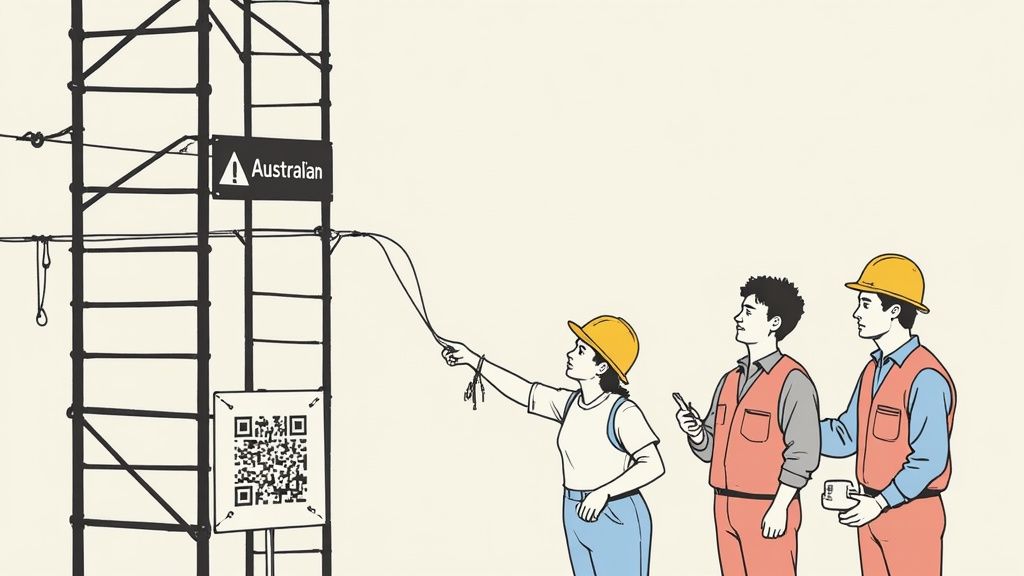 Three construction workers examine a tall metal structure with an 'Australian' sign and QR code.