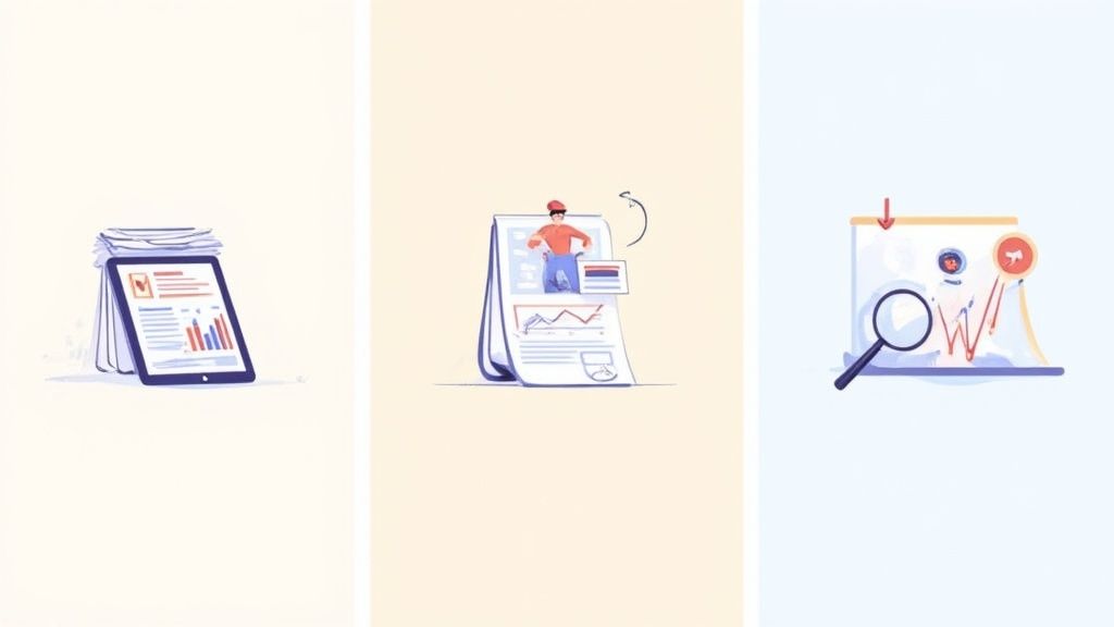 Three illustrations showing digital data analysis on a tablet, a process workflow, and detailed trend examination.