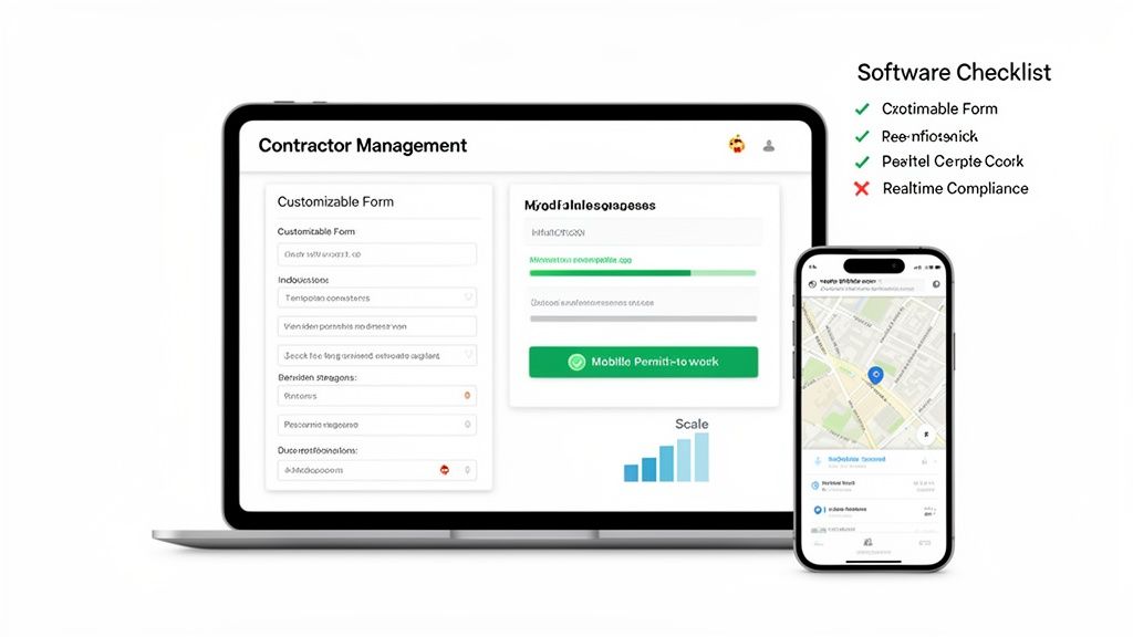 Digital devices display contractor management software, including customizable forms, mobile permits, and location tracking.