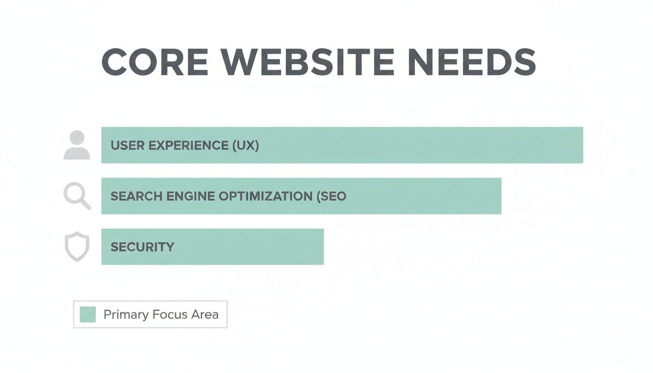Bar chart illustrating core website needs: User Experience (UX), Search Engine Optimization (SEO), and Security priorities.