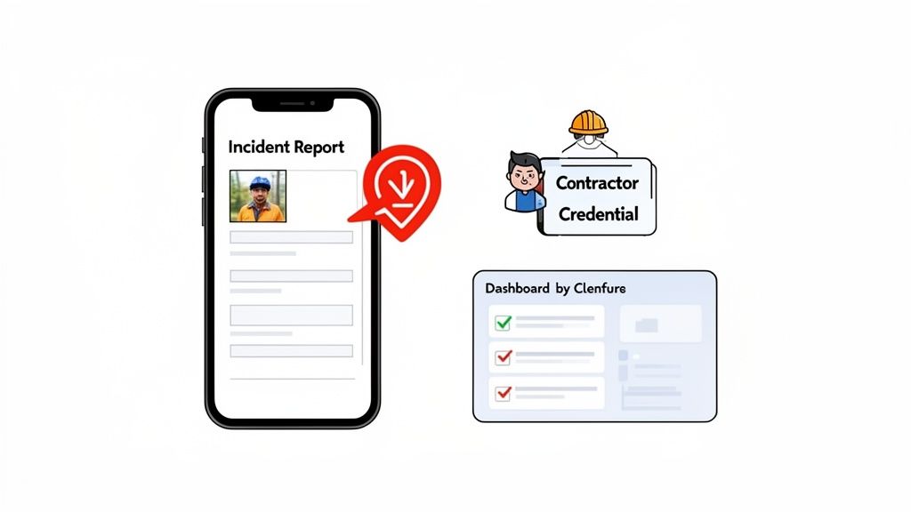 A mobile app for incident reporting, contractor credentials, and a compliance dashboard by Clenfure.