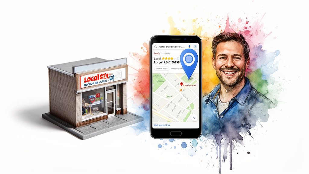 Smiling man, miniature local store, and smartphone map app highlighting a local business location.