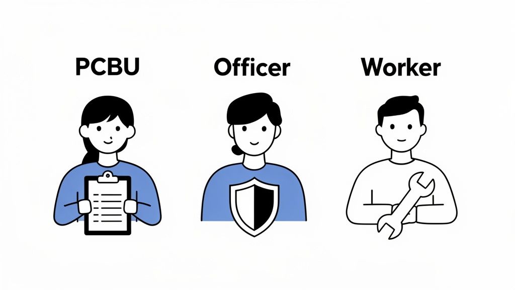 Three illustrated figures representing PCBU, Officer, and Worker roles with relevant tools and symbols.