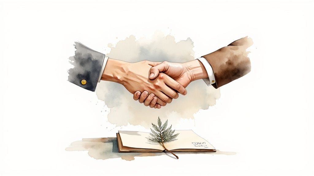 Watercolor illustration of a business handshake over a document with a green leaf.