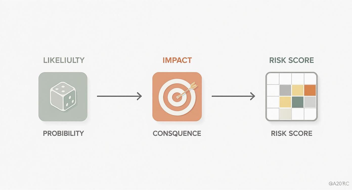 Risk assessment diagram showing probability and consequence combining to create risk score matrix