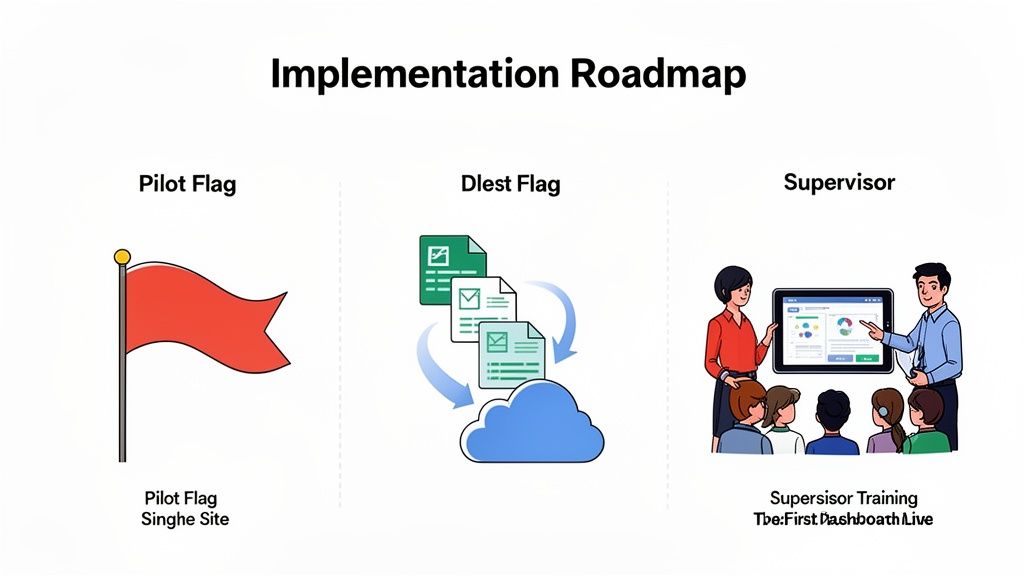 Implementation roadmap showing pilot phase, data flow to cloud, and supervisor training with a tablet.