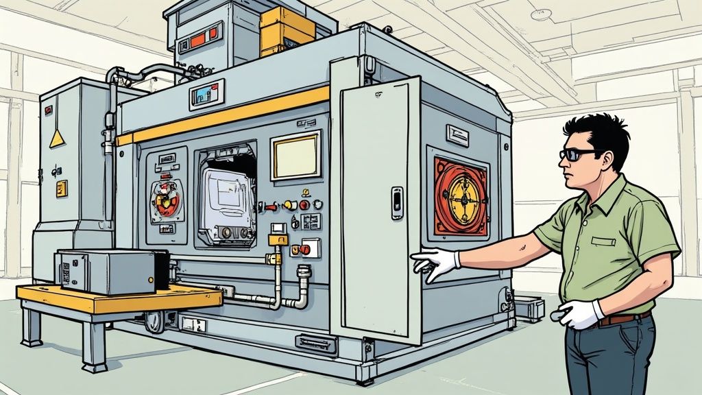 Infographic showing the three-phase process flow for a Manufacturing Machine Maintenance JSA: Preparation & Isolation, Maintenance Work, and Restoration & Testing.