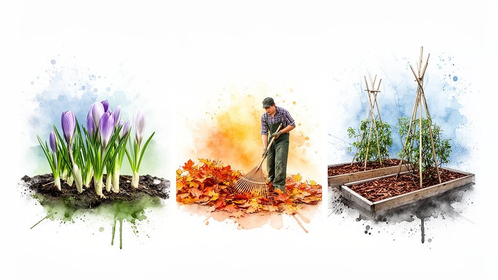 Three panels showing seasonal gardening: spring crocuses, autumn leaf raking, and summer raised garden beds.