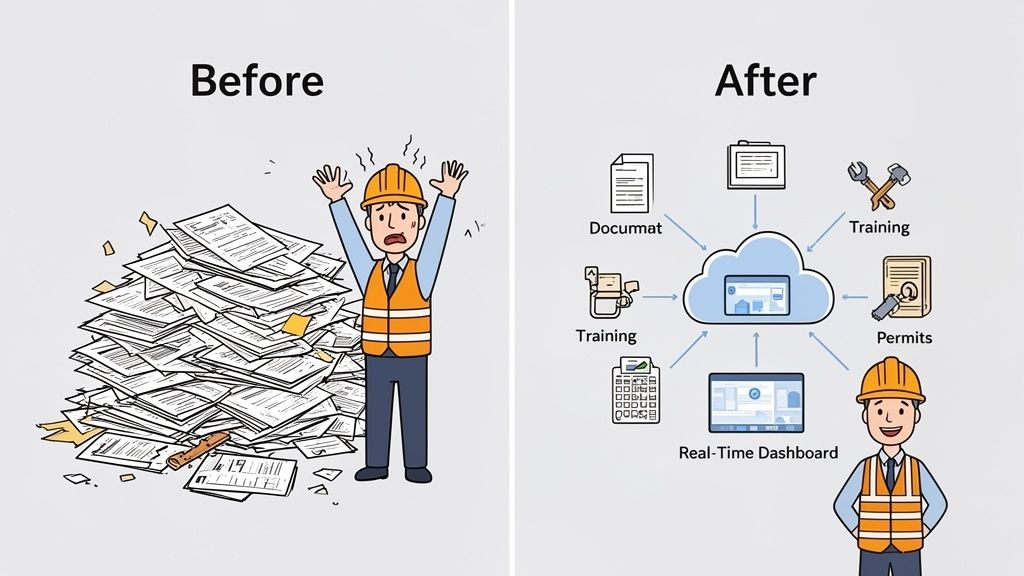 Before and after: A stressed construction worker with paper documents versus a happy worker using a digital cloud system.
