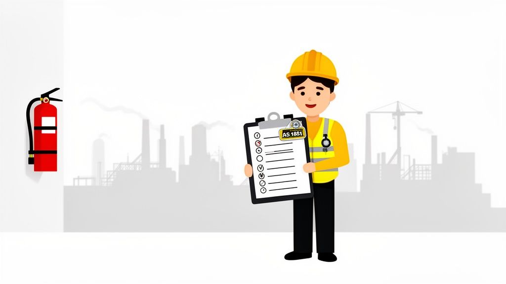 A cartoon man in a hard hat inspects a fire extinguisher, holding a clipboard with AS 1851 checklist.