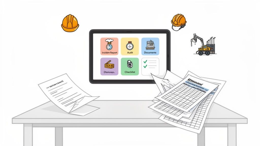 Digital safety management app on a tablet with hard hats, an excavator, and traditional paper forms.
