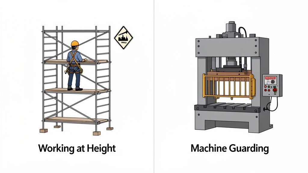 Two illustrations depicting workplace safety: a worker on scaffolding with a harness and a hydraulic press with machine guarding.