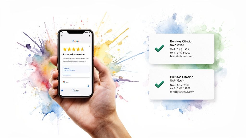 Hand holding a smartphone displaying a 5-star Google review next to business citation details.