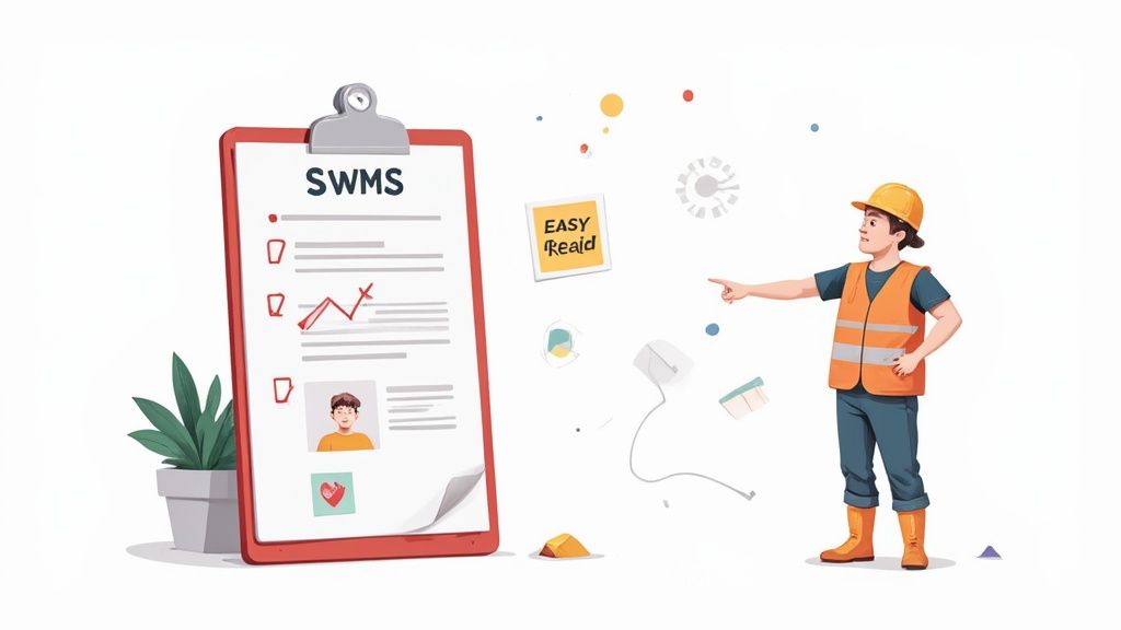 Construction worker pointing at large clipboard displaying SWMS safe work method statement with checklist items