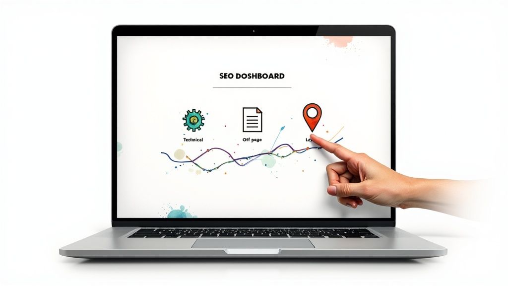 Hand pointing at SEO dashboard showing technical, off page, and local optimization metrics on laptop screen