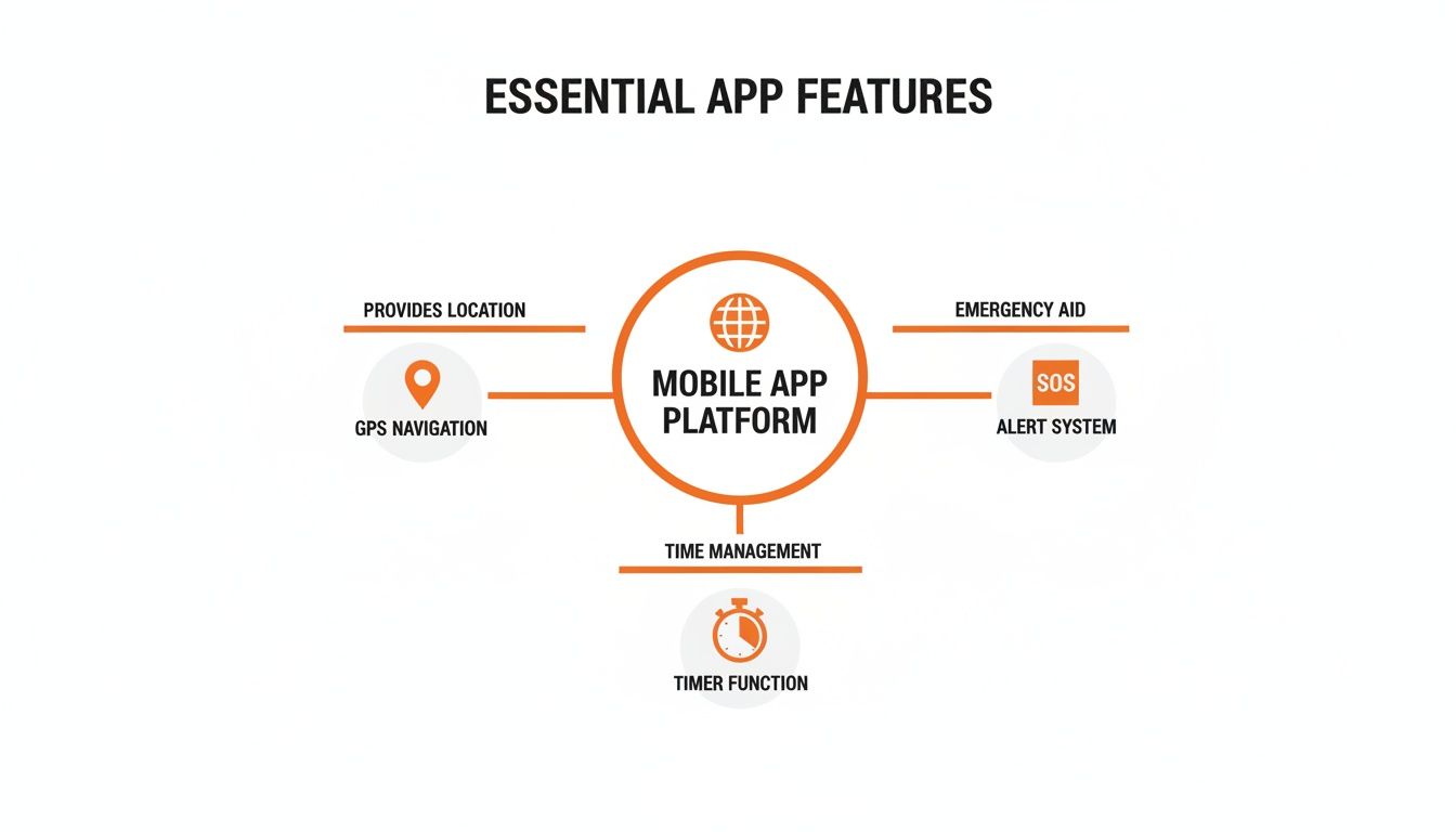 Diagram illustrating essential mobile app features: GPS navigation, emergency alert system, and timer function.