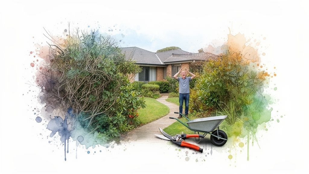 A frustrated man stands in an overgrown garden with gardening tools, overwhelmed by the cleanup task.