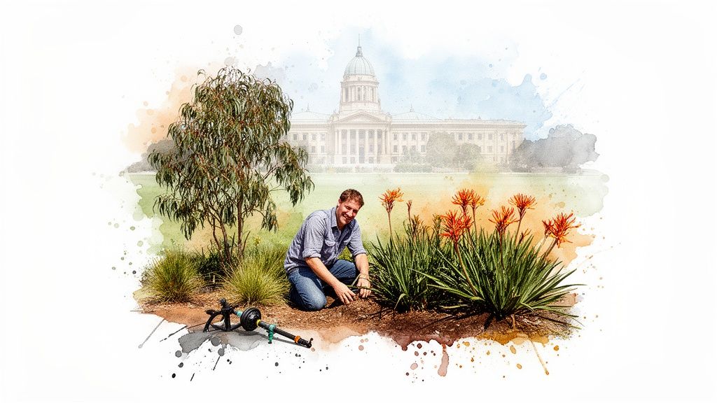 A smiling man crouches, tending to a garden with a sprinkler system and flowering plants.