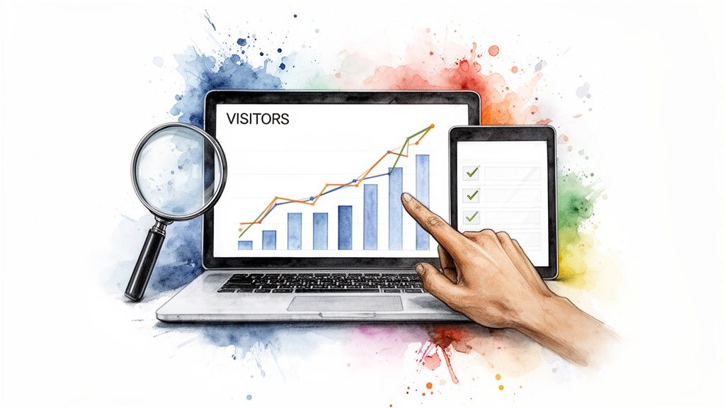 Watercolor illustration of digital marketing tools: laptop with visitor graph, magnifying glass, and tablet with checklist.