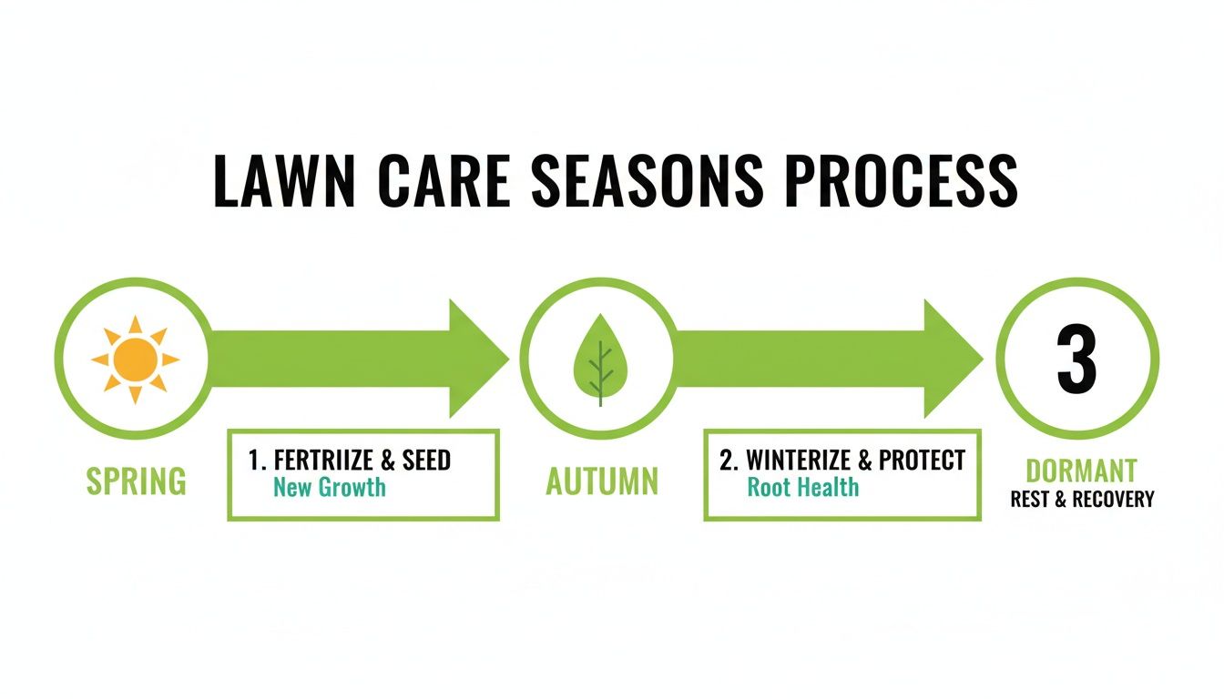 A simple flowchart illustrating the lawn care seasons process: Spring, Autumn, and Dormant stages.