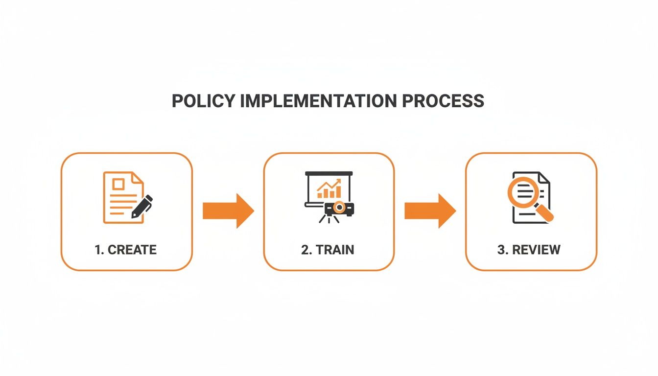 A diagram illustrating the policy implementation process with three steps: Create, Train, and Review.