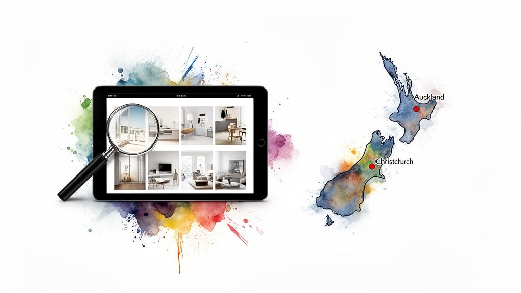 Tablet displaying real estate photos with a magnifying glass, next to a watercolor map of New Zealand with Auckland and Christchurch.