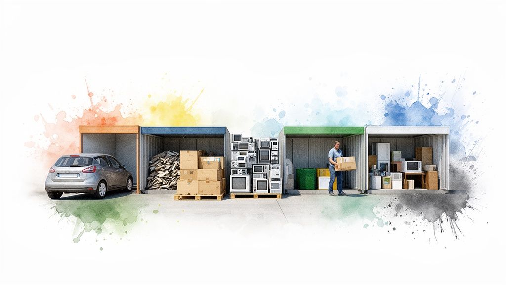 Colorful storage containers with various waste types for recycling, a car, and a man.