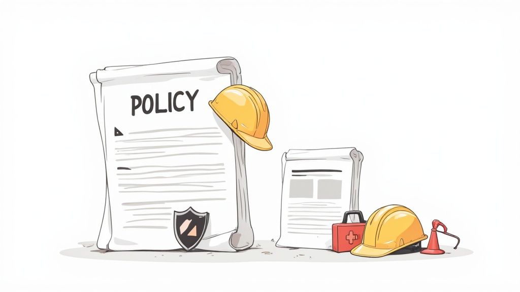 A construction worker in high-visibility clothing reviewing plans on a job site.