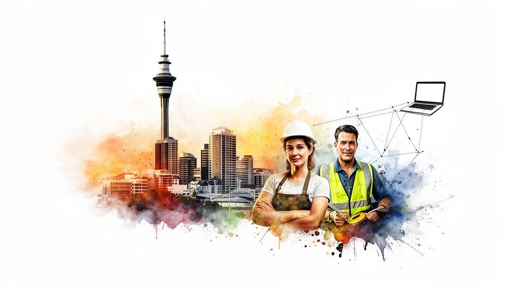 Auckland city skyline with two construction workers and a laptop, symbolizing modern urban development and connected trades.