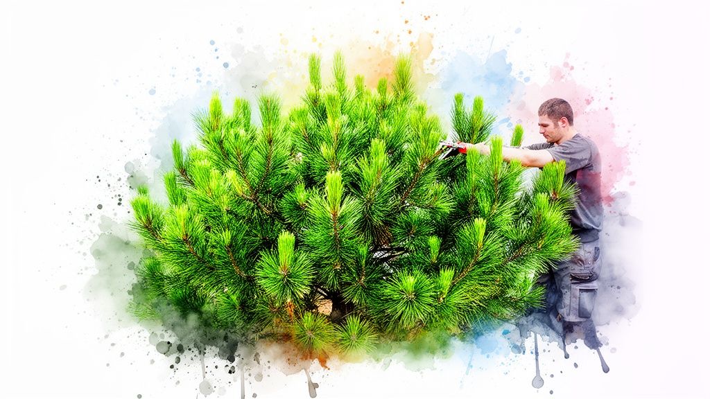 A man prunes a lush green conifer bush with shears, enhanced by a watercolor splatter effect.