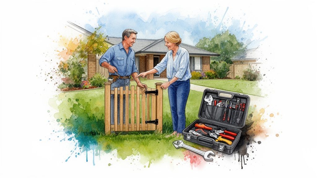 Smiling couple repairing a garden gate with various tools outside their home.