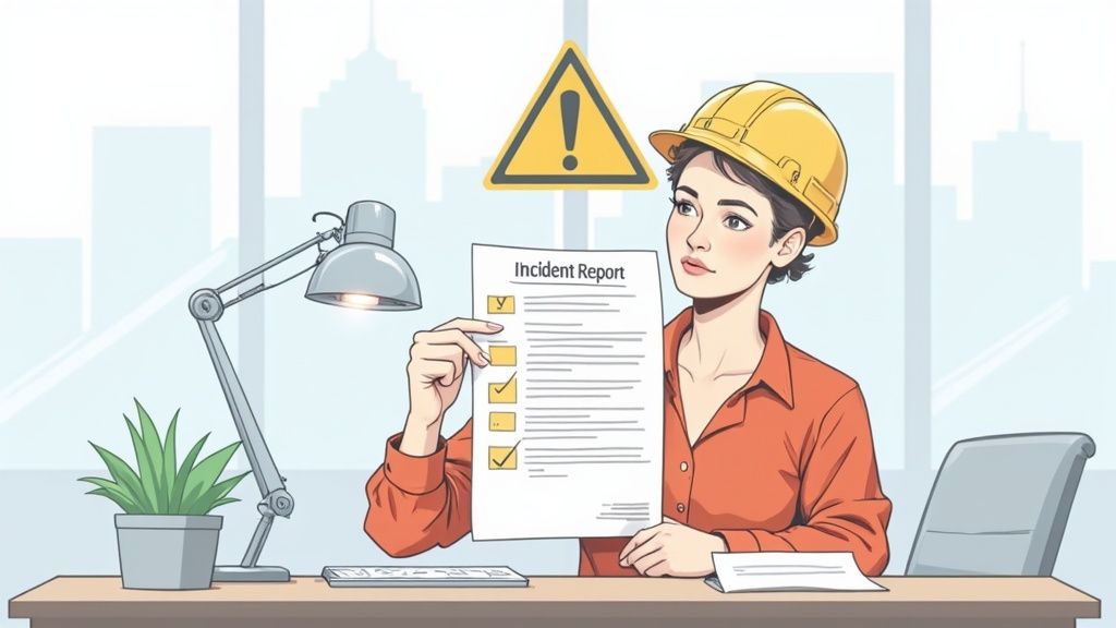 A construction worker in high-visibility gear reviewing paperwork on a clipboard at a worksite.