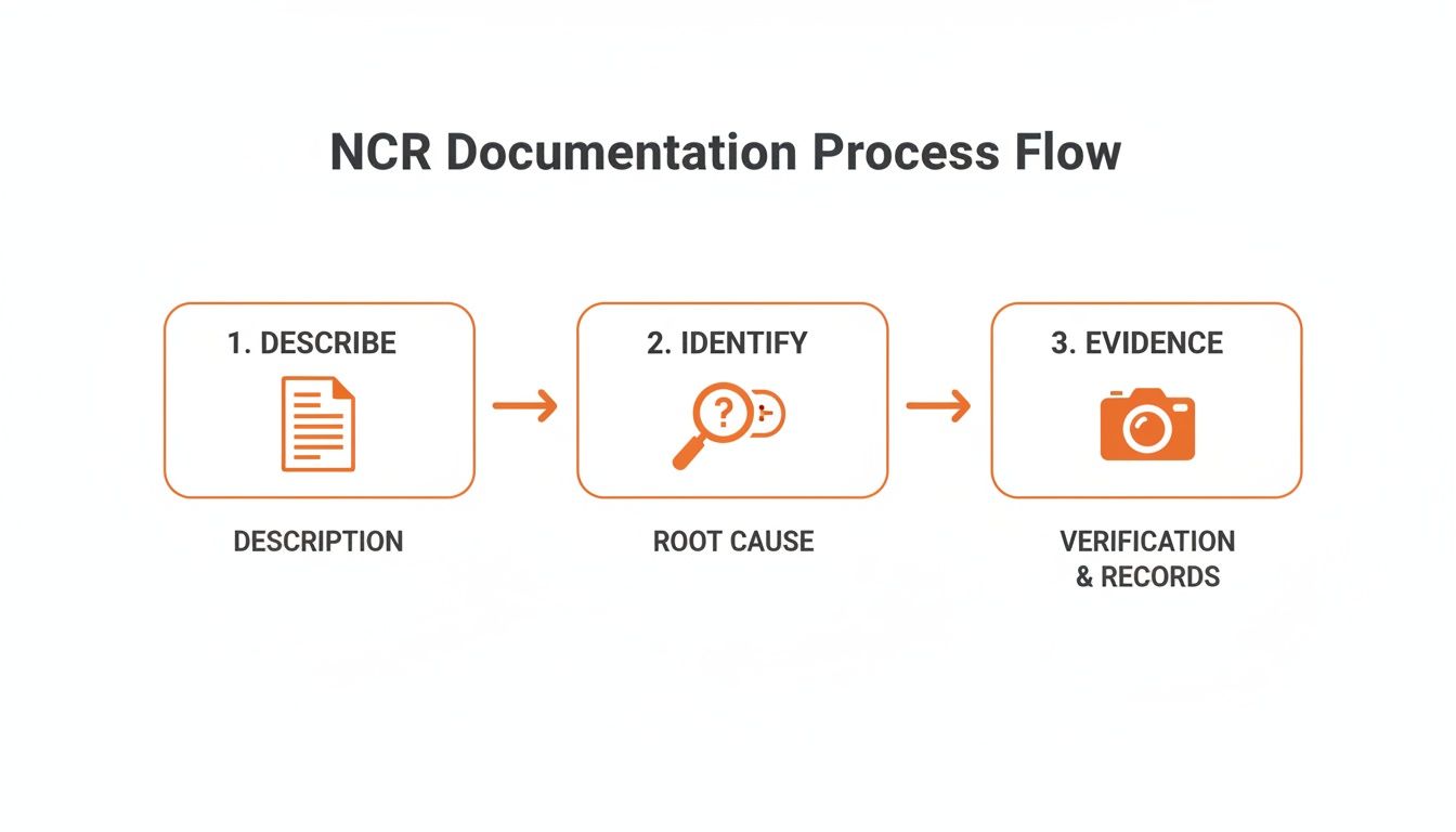 A flowchart illustrating the NCR Documentation Process Flow: Describe, Identify Root Cause, and Evidence with Verification & Records.