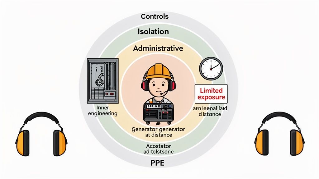 Infographic showing a hierarchy of safety controls: administrative, engineering, isolation, and personal protective equipment.