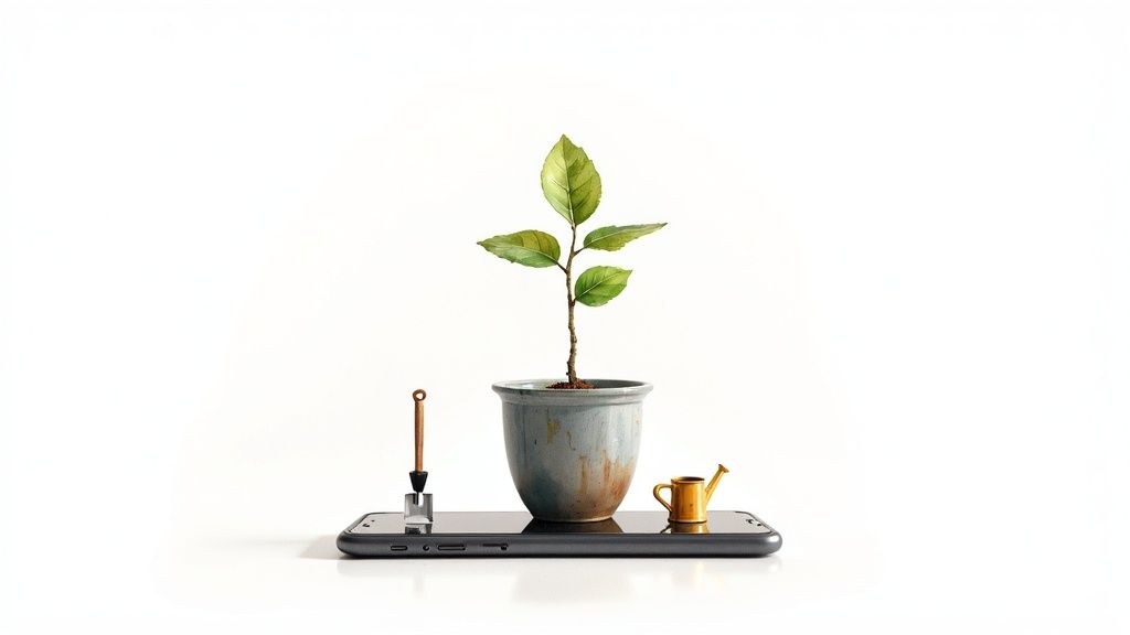 A person holding a smartphone, with charts and graphs showing positive app growth and user engagement.