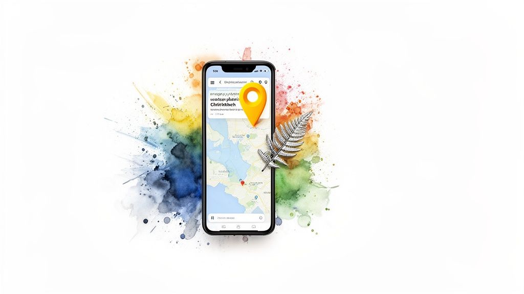 A smartphone displays a map with a prominent location pin, surrounded by a vibrant watercolor splash and a silver fern.