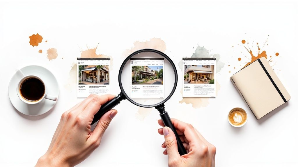 Hands using a magnifying glass to inspect web design listings with coffee and a notebook.