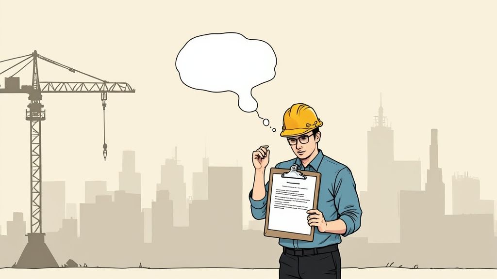 A construction worker and an engineer in hard hats reviewing plans inside a manufacturing facility.