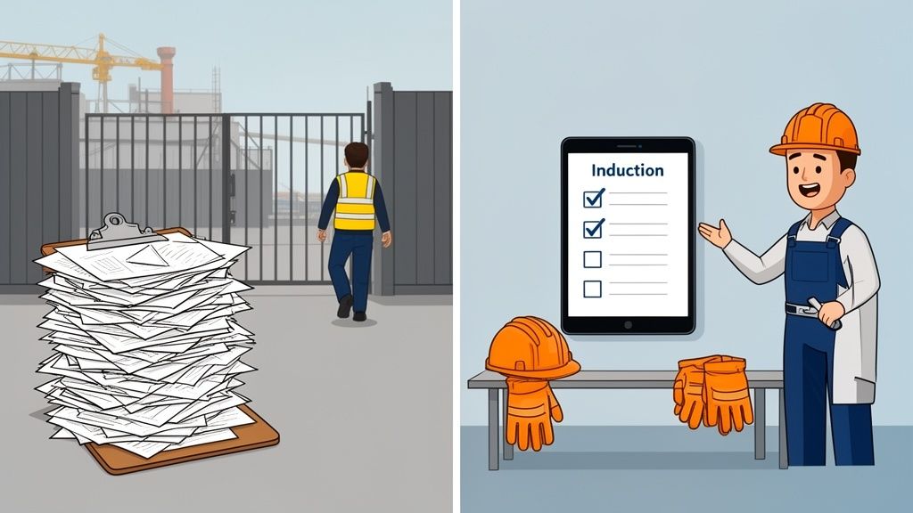 Illustration contrasting cumbersome paper-based induction with efficient digital induction for construction site workers.