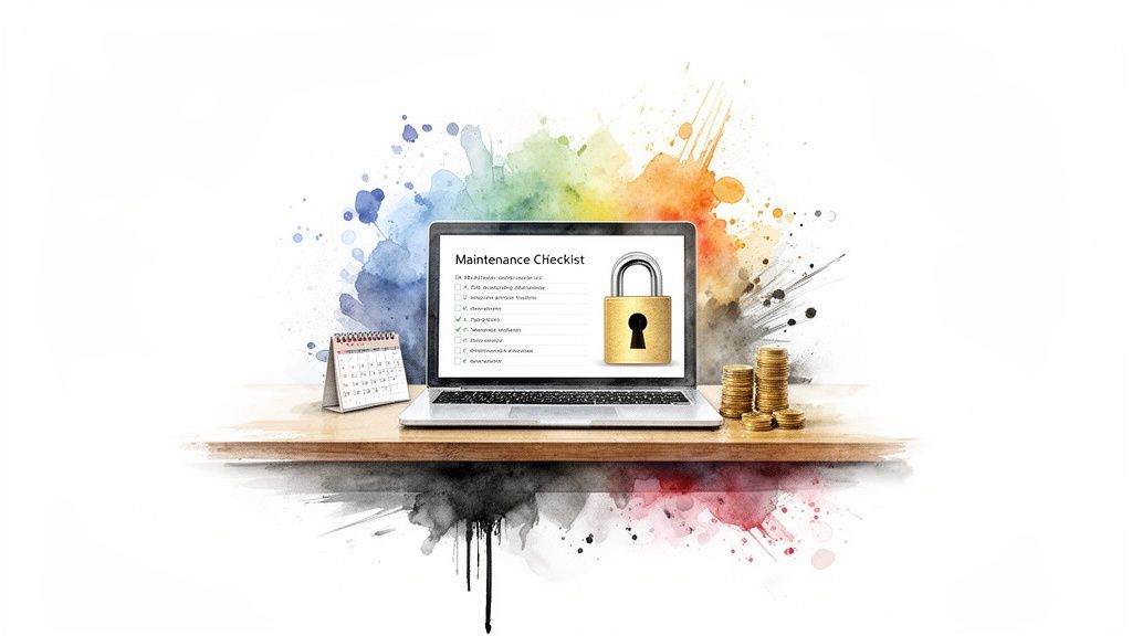 A laptop on a shelf shows a 'Maintenance Checklist' with a padlock icon, calendar, and stacked coins amidst watercolor splashes.