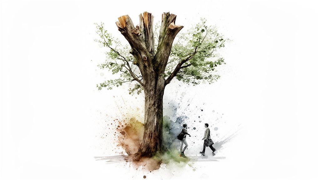 Watercolor illustration of a pruned tree with new green leaves, and two men walking below.