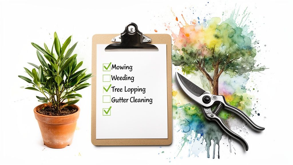 Gardening checklist on a clipboard with a potted plant and pruning shears against a watercolor tree.